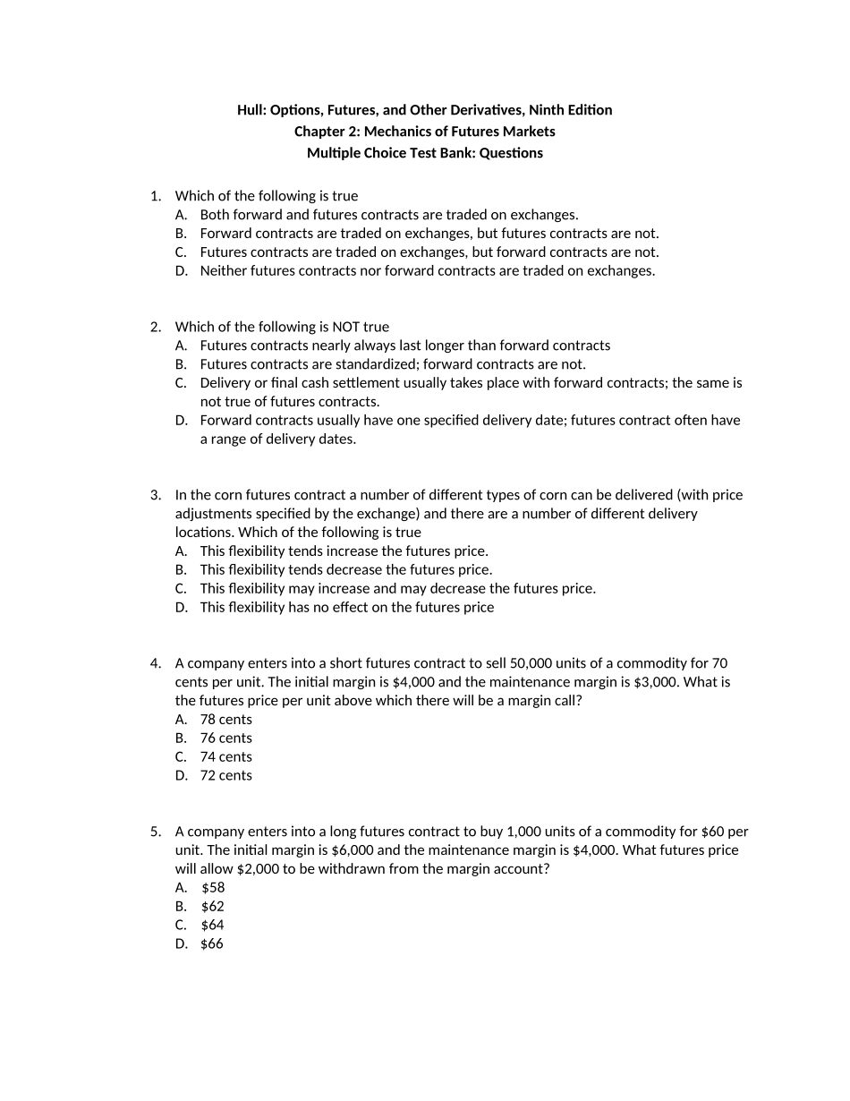Hull_OFOD9e_MultipleChoice_Questions_Only_Ch02.doc_第1页