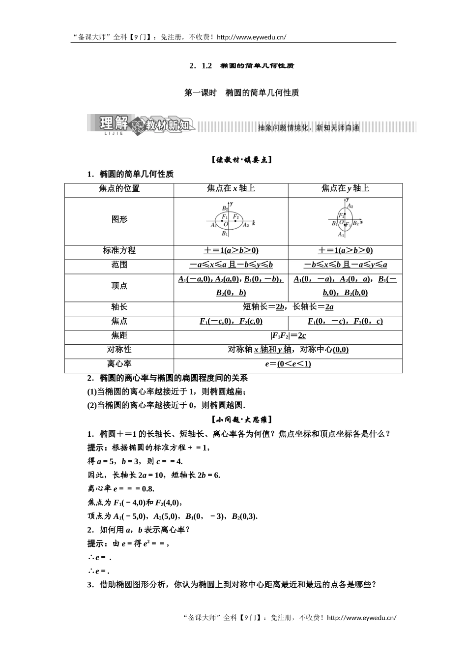 2019年数学新同步湘教版选修2-1讲义+精练：第2章 2．1.2　椭圆的简单几何性质 Word版含解析数学备课大师【公众号悦过学习】.doc_第1页