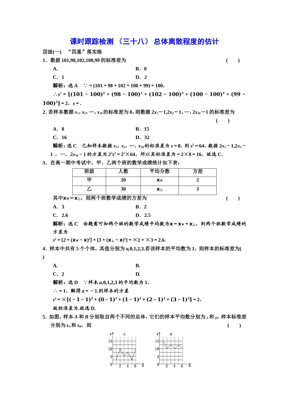 课时跟踪检测（三十八）总体离散程度的估计.DOC_第1页