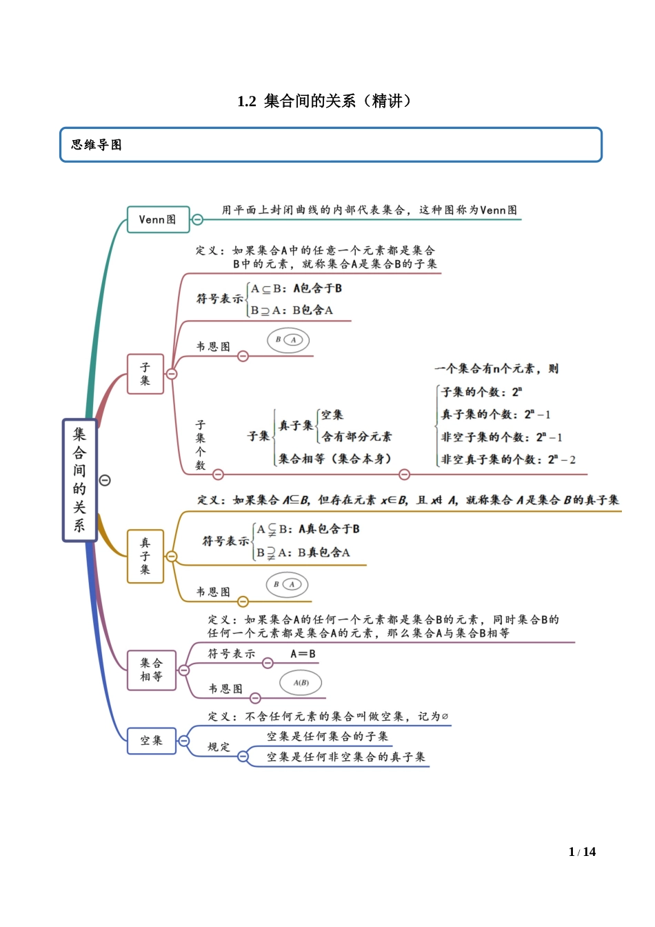 1.2 集合间的关系（教师版）.docx_第1页