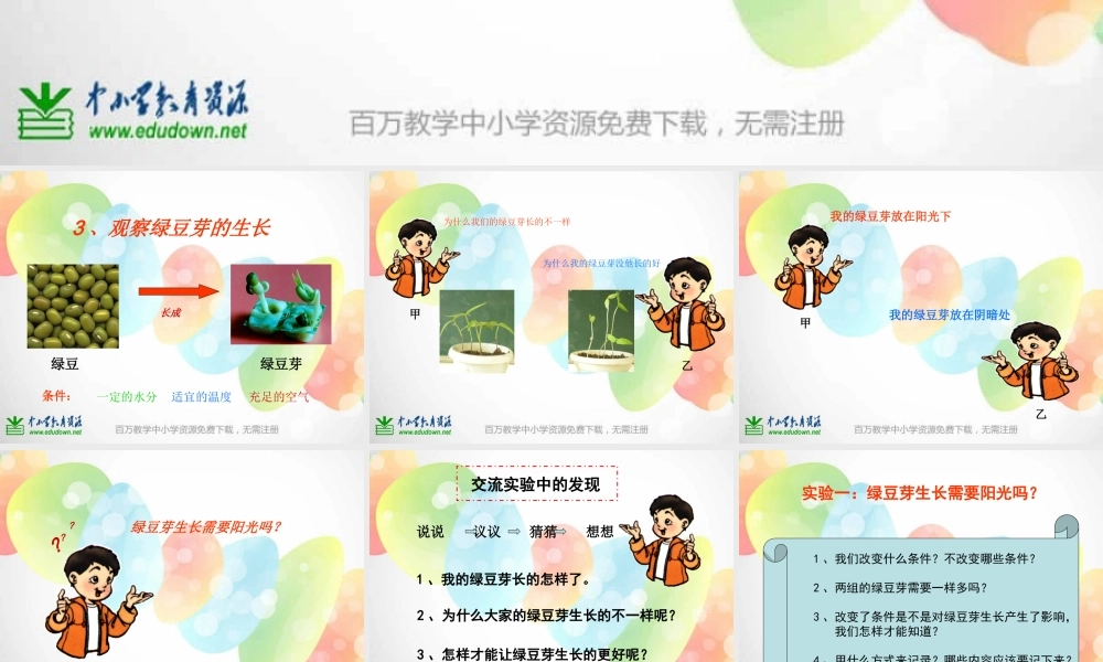 教科小学科学五上《1.3、观察绿豆芽的生长》PPT课件(1)【加微信公众号 jiaoxuewuyou 九折优惠 qq 1119139686】.ppt