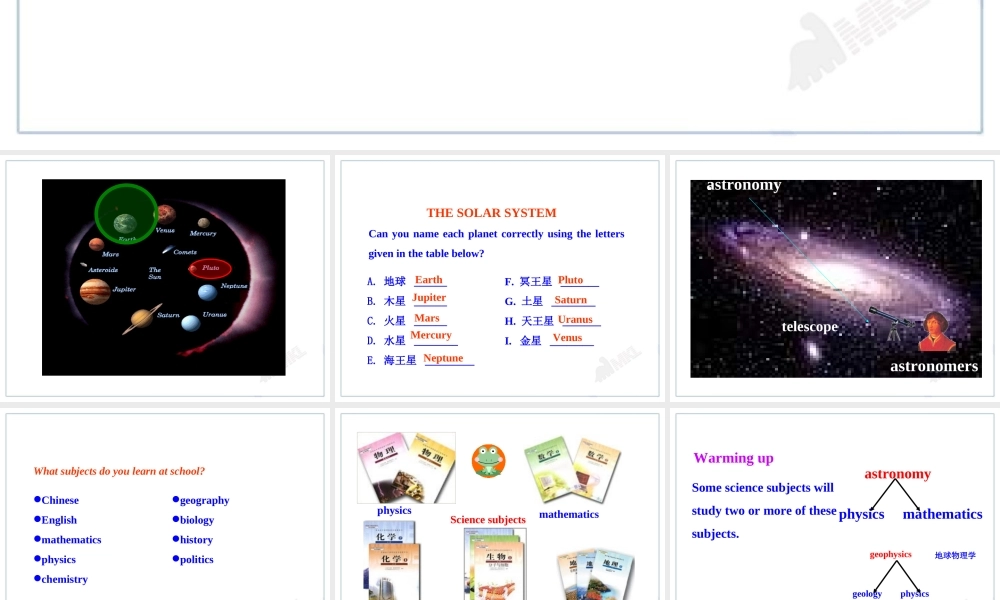 Unit 4Astronomy：the science of the stars Warming Up& Reading (I) .ppt