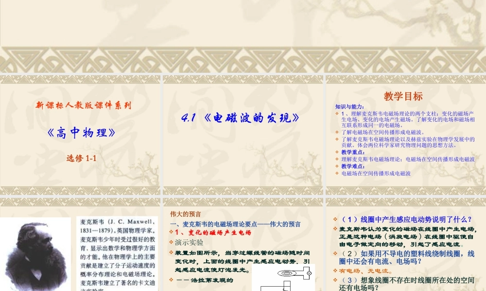 高中物理新课标版人教版选修1-1精品课件：4.1《电磁波的发现》PPT课件.ppt