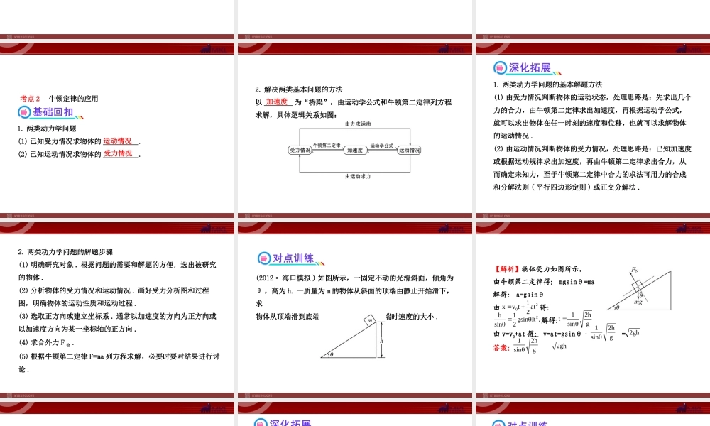 2013年人教版高中物理一轮复习课件：3.2牛顿第二定律两类动力学问题.ppt