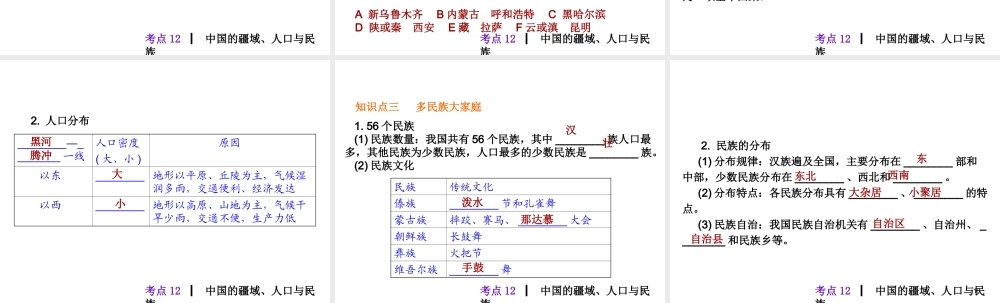 【人教版】2013届中考地理总复习课件：考点12　中国的疆域、人口与民族（10张ppt）.ppt