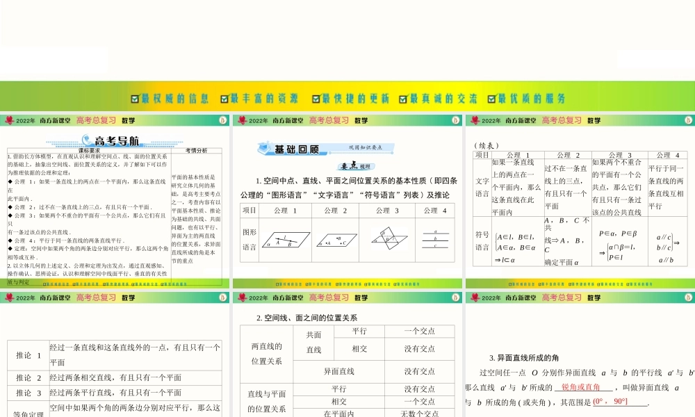 [原创]2022年《南方新课堂·高考总复习》数学 第八章 第3讲 点、直线、平面之间的位置关系[配套课件].ppt