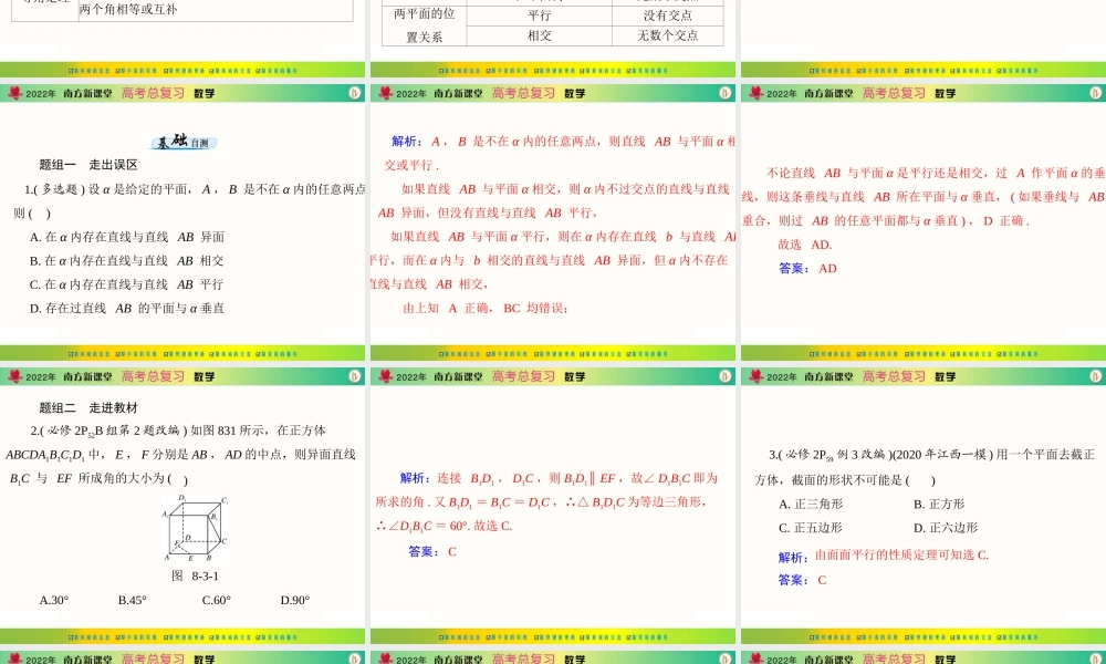[原创]2022年《南方新课堂·高考总复习》数学 第八章 第3讲 点、直线、平面之间的位置关系[配套课件].ppt