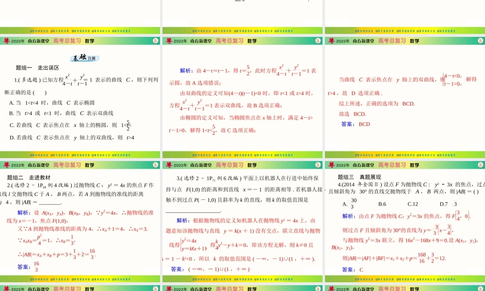 [原创]2022年《南方新课堂·高考总复习》数学 第七章 第9讲 直线与圆锥曲线的位置关系[配套课件].ppt