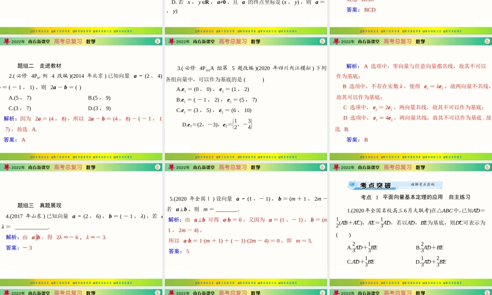 [原创]2022年《南方新课堂·高考总复习》数学 第四章 第2讲 平面向量基本定理及坐标表示[配套课件].ppt