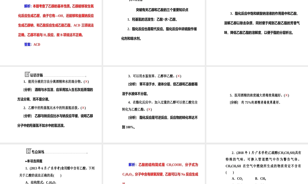 第七章专题十五考点1乙醇、乙酸的组成、主要性质及其重要应用.ppt