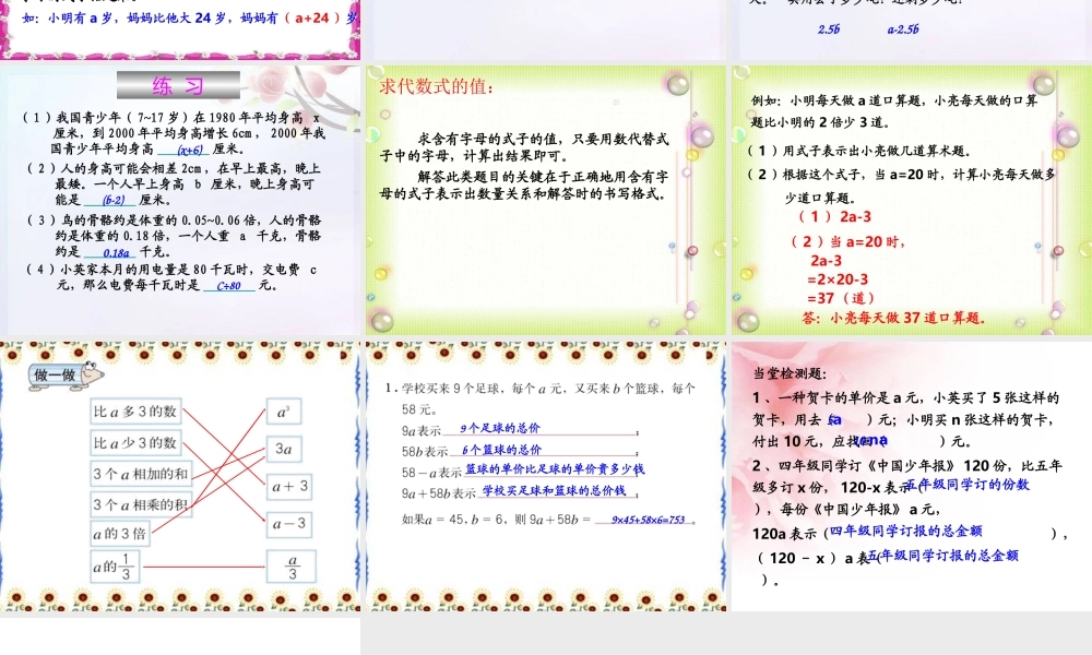 人教版六年级数学下册第六单元第八课时_式和方程—用字母表示数.ppt