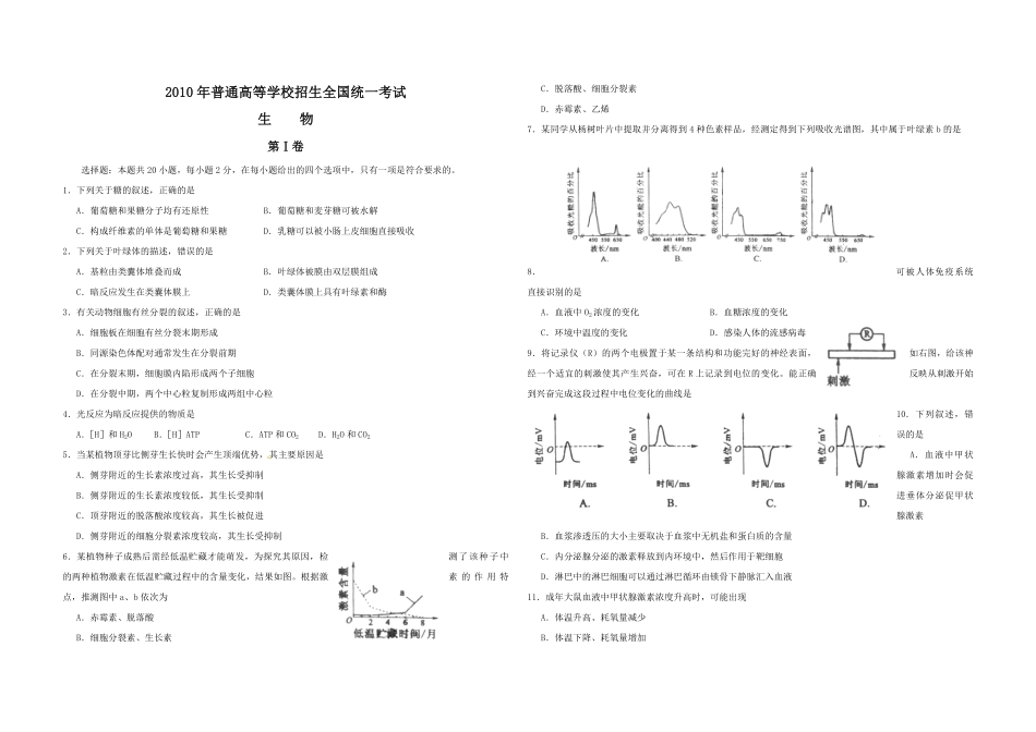 2010年高考海南卷生物（原卷版）(1).pdf_第1页