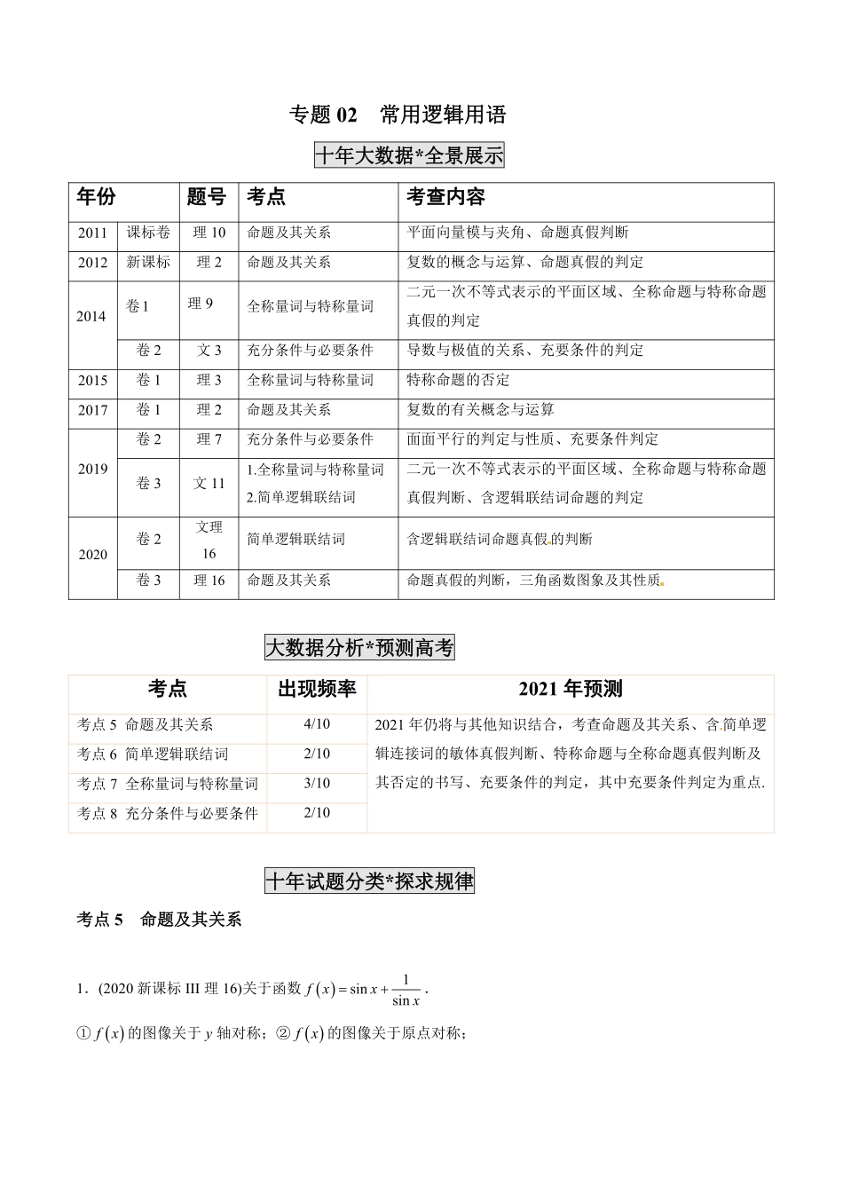 2011-2020年高考数学真题分专题训练 专题02常用逻辑用语（学生版）.pdf_第1页