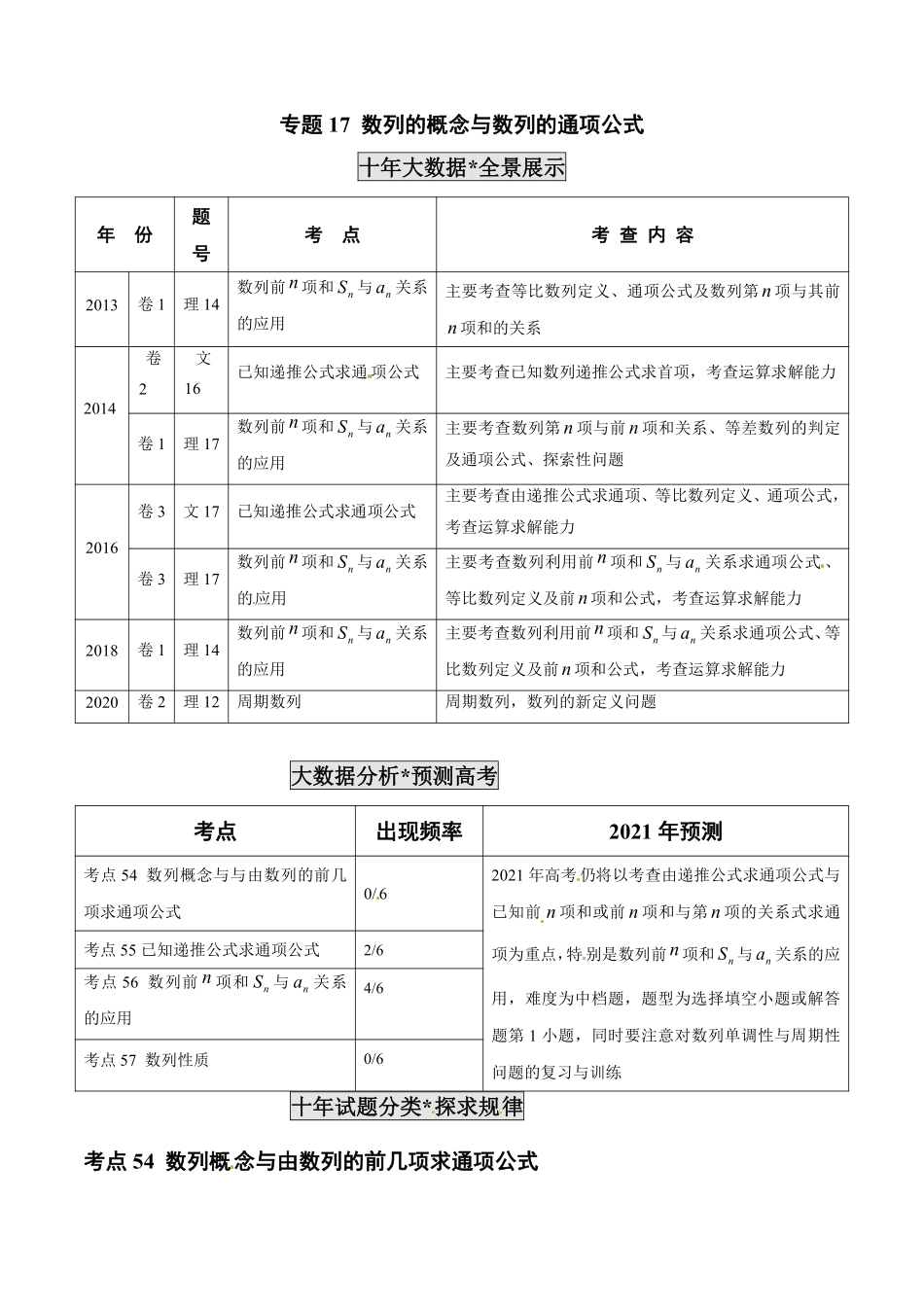 2011-2020年高考数学真题分专题训练 专题17 数列的概念与数列的通项公式（学生版）.pdf_第1页