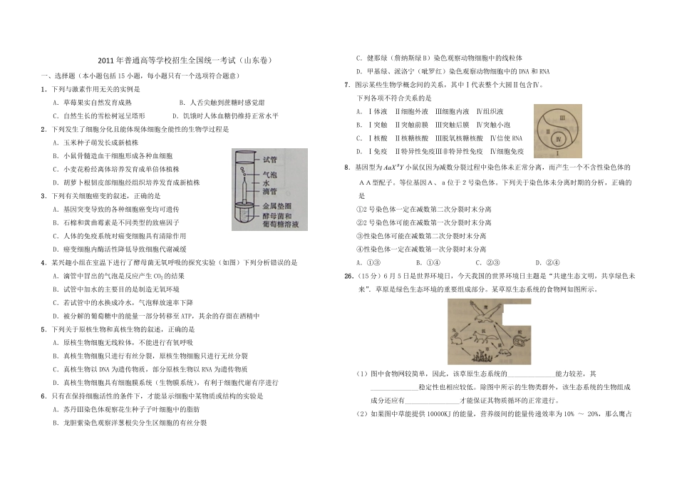 2011年高考真题 生物(山东卷)（原卷版）.pdf_第1页
