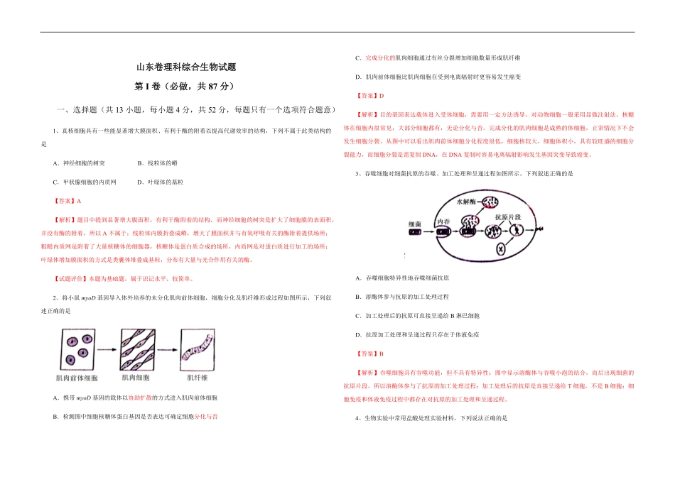 2013年高考真题 生物(山东卷)（含解析版）(1).pdf_第1页