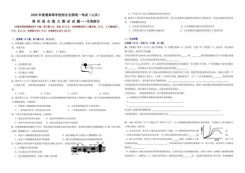 2008年高考真题 生物(山东卷)（含解析版）(1).pdf_第1页