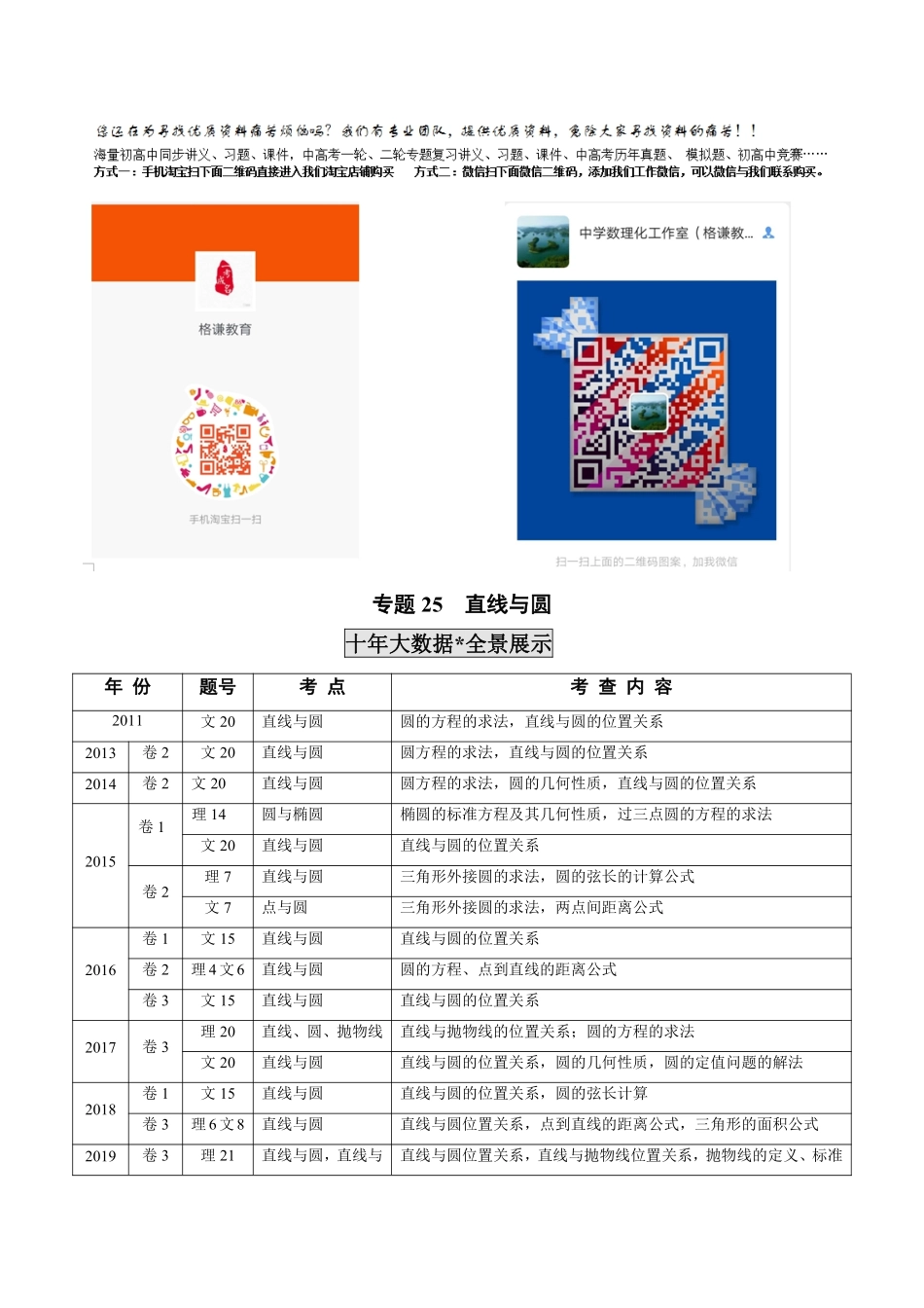 2011-2020年高考数学真题分专题训练 专题25直线与圆（教师版含解析）.pdf_第1页