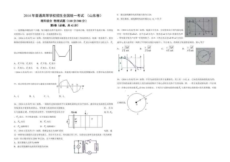 2014年高考真题 物理（山东卷)（原卷版）(1).pdf_第1页