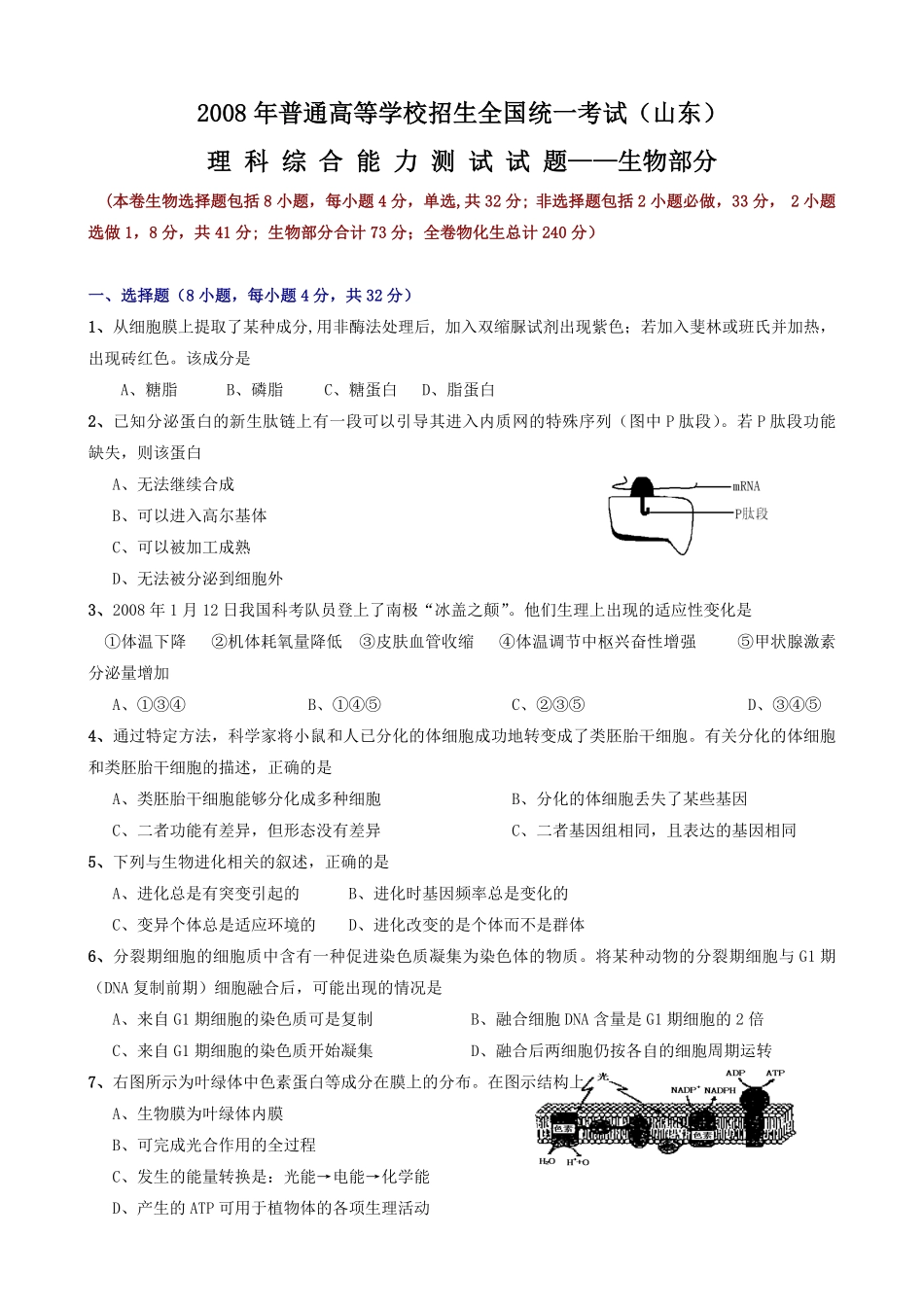 2008年高考真题 生物(山东卷)（含解析版）.pdf_第1页