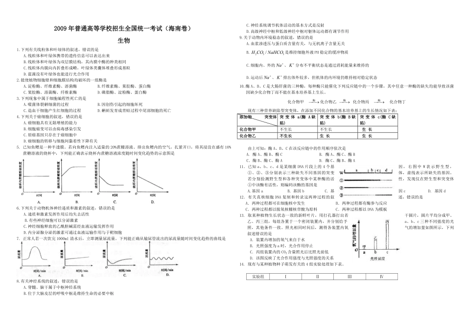 2009年高考海南卷生物（原卷版）(1).pdf_第1页