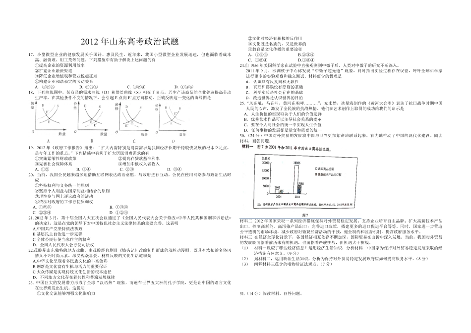 2012年高考真题 政治(山东卷)（原卷版）(1).pdf_第1页