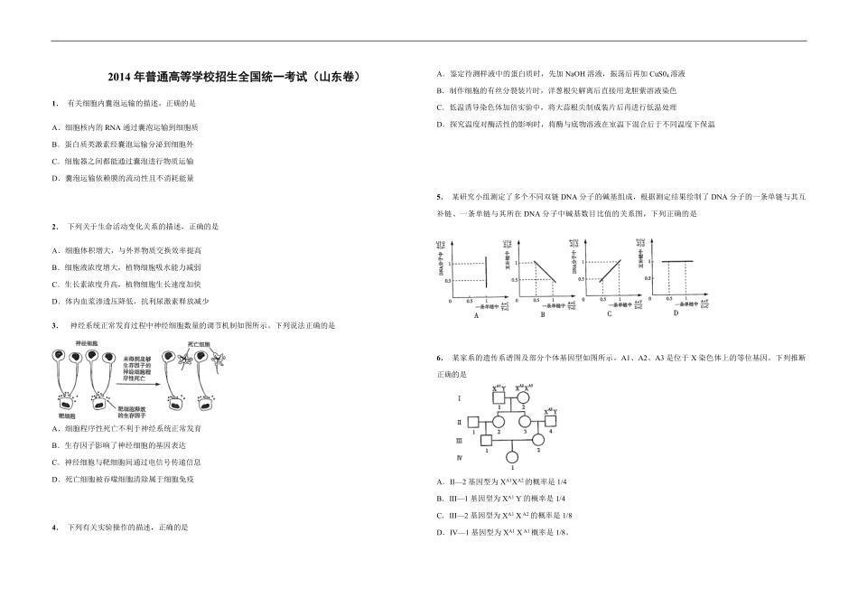 2014年高考真题 生物(山东卷)（原卷版）.pdf_第1页