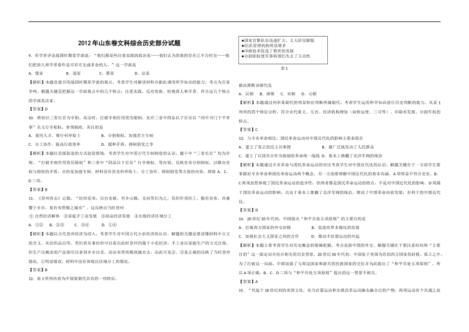 2012年高考真题 历史(山东卷)（含解析版）(1).docx_第1页