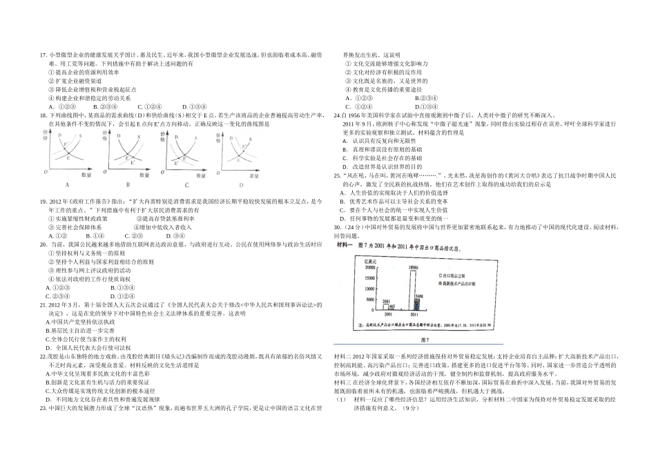 2012年高考真题 政治(山东卷)（含解析版）(1).doc_第1页