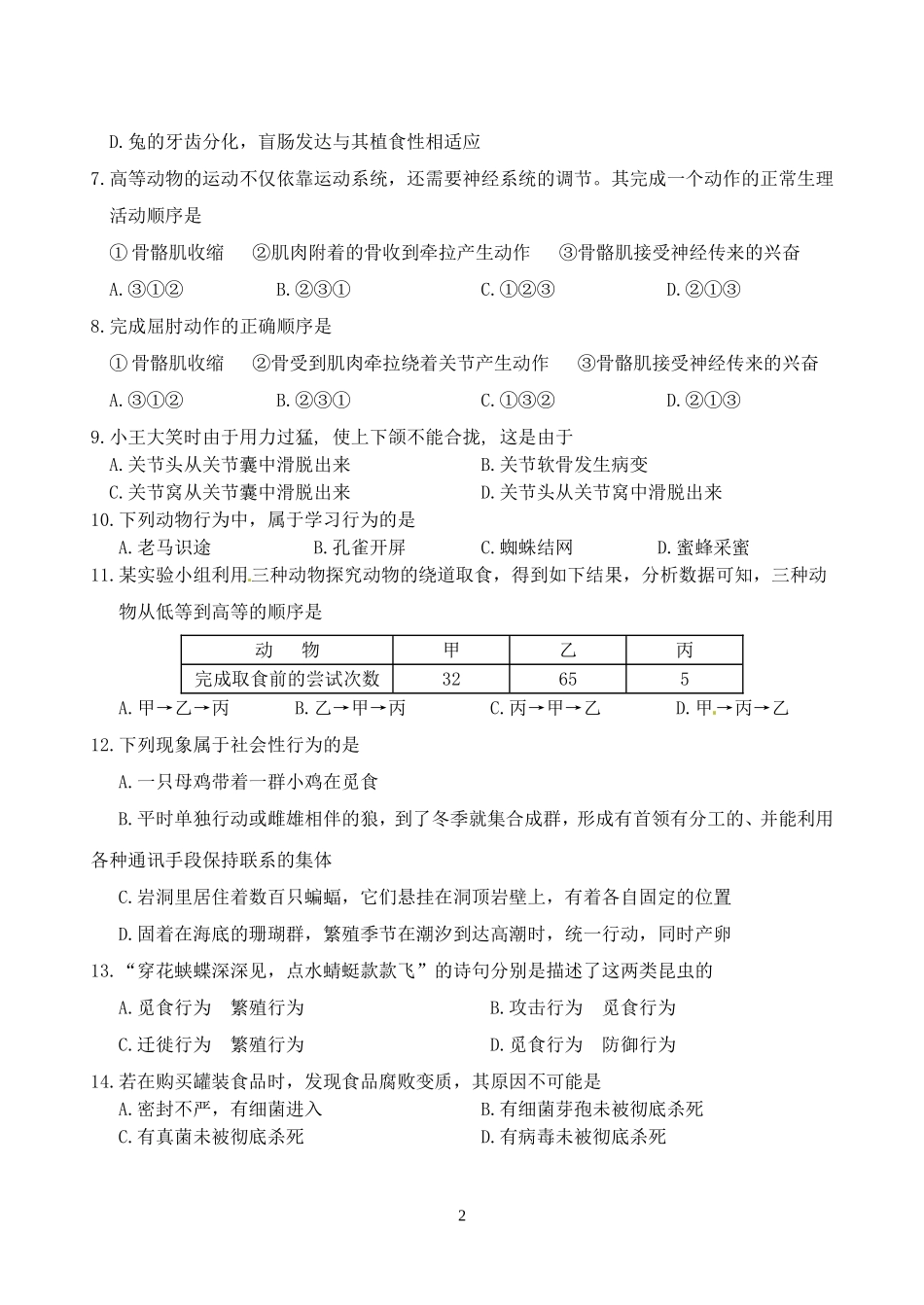 2012年下学期初中新课程同步测试题八年级生物（4）.doc_第2页