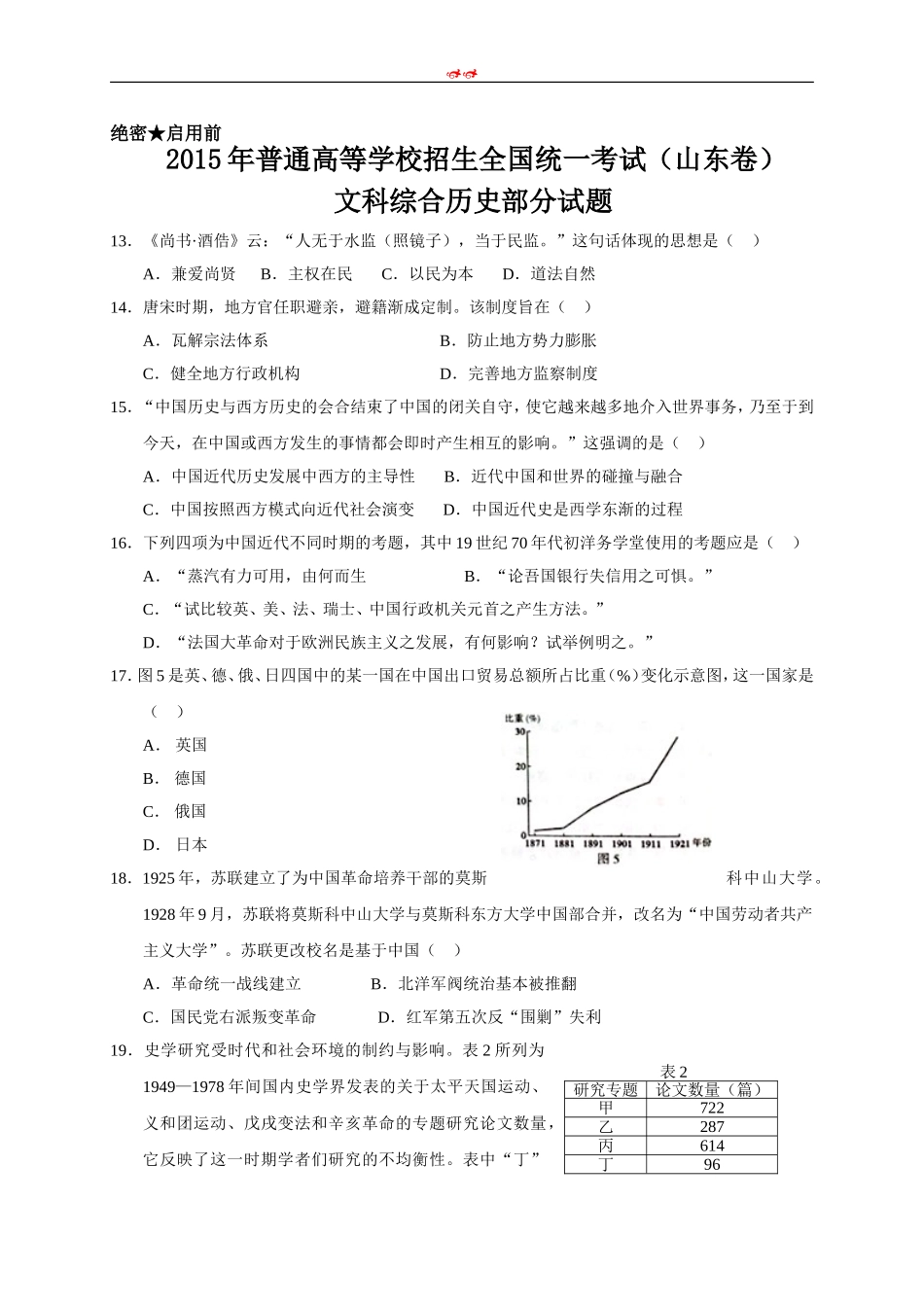 2015年高考真题 历史(山东卷)（原卷版）.doc_第1页