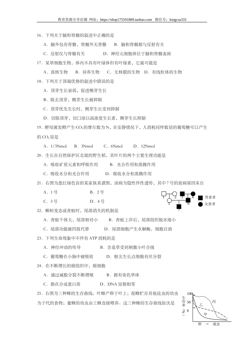 2005年上海市高中毕业统一学业考试生物试卷（答案版）.doc_第3页