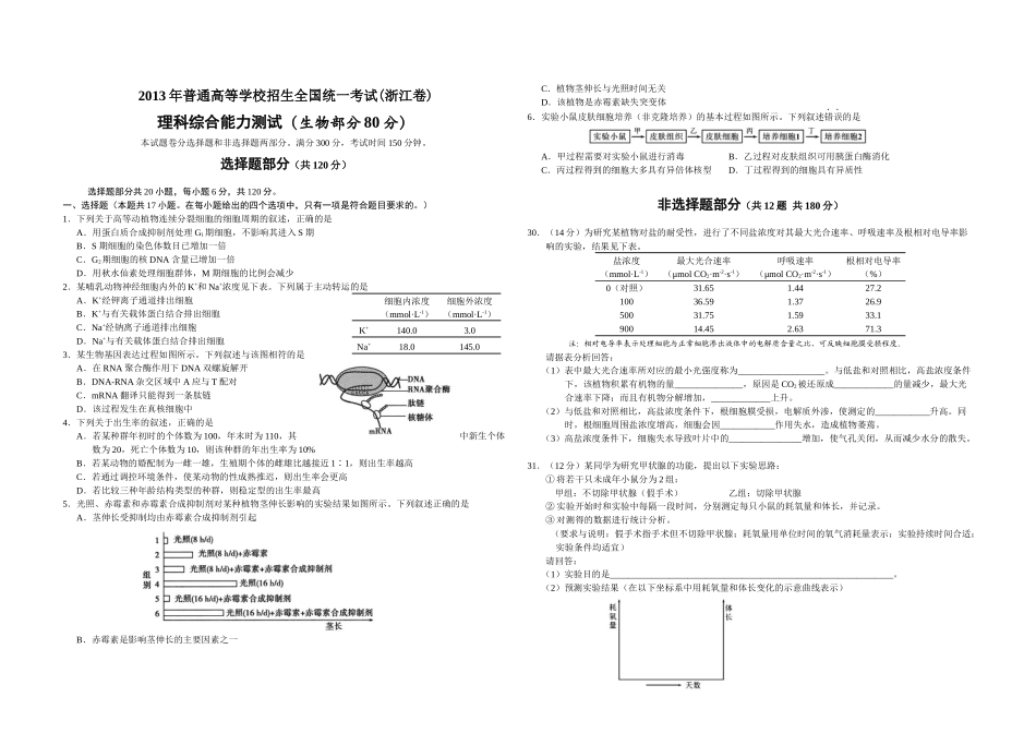 2013年浙江省高考生物（含解析版）(1).docx_第1页