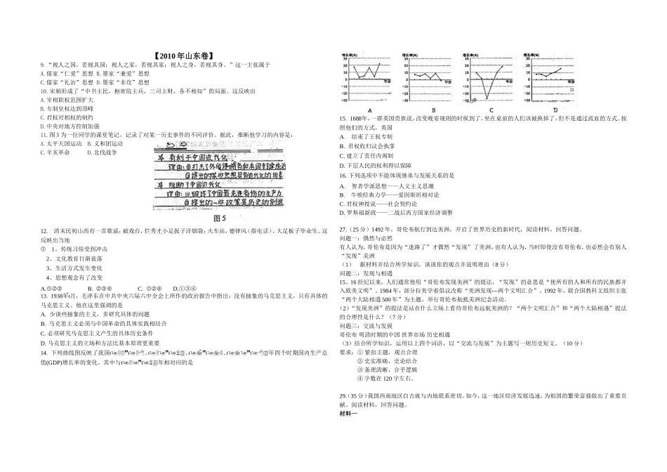 2010年高考真题 历史(山东卷)（解析版版）(1).doc_第1页