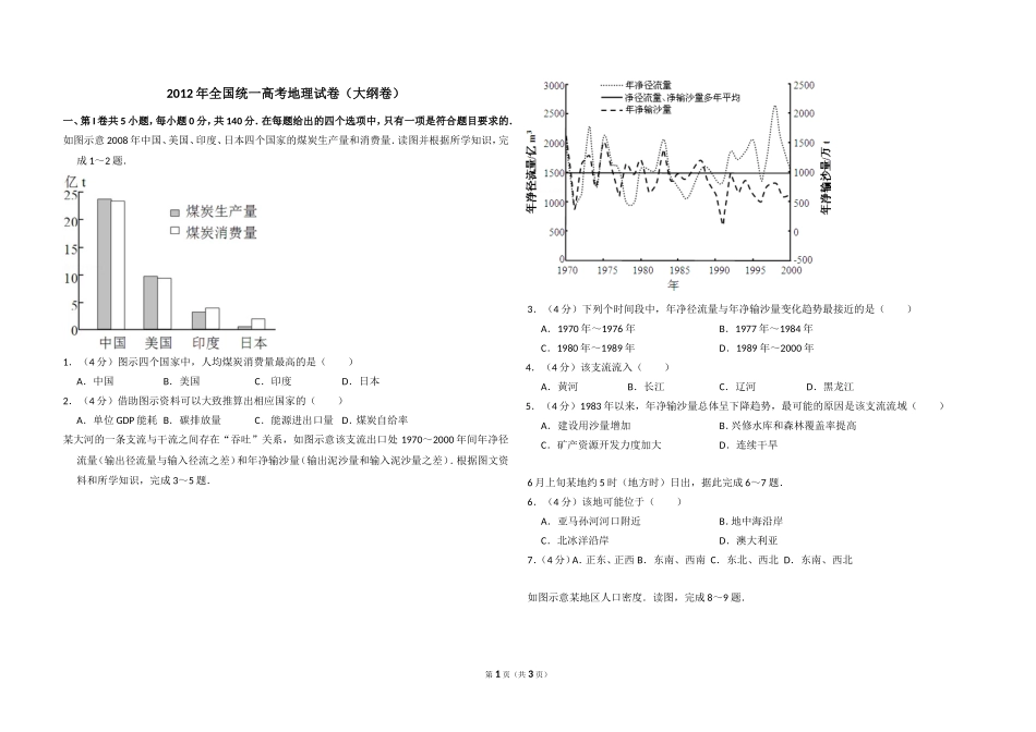 2012年全国统一高考地理试卷（大纲卷）（原卷版）(1).doc_第1页