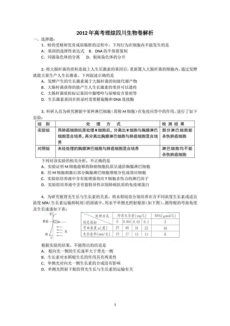2012年四川省高考生物试卷及答案.doc_第1页