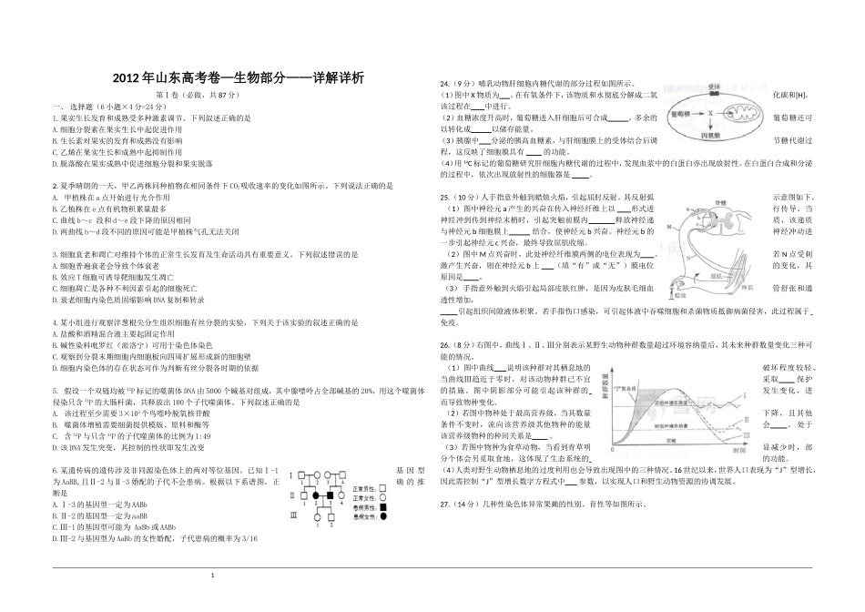 2012年高考真题 生物(山东卷)（原卷版）.doc_第1页