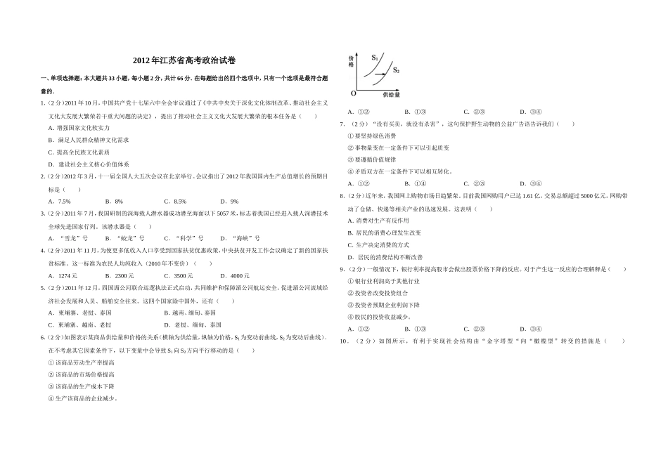 2012年江苏省高考政治试卷 (1).doc_第1页