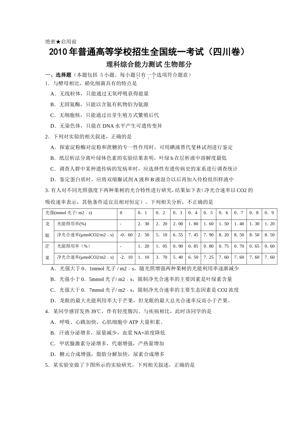 2010年四川省高考生物试卷及答案.doc_第1页