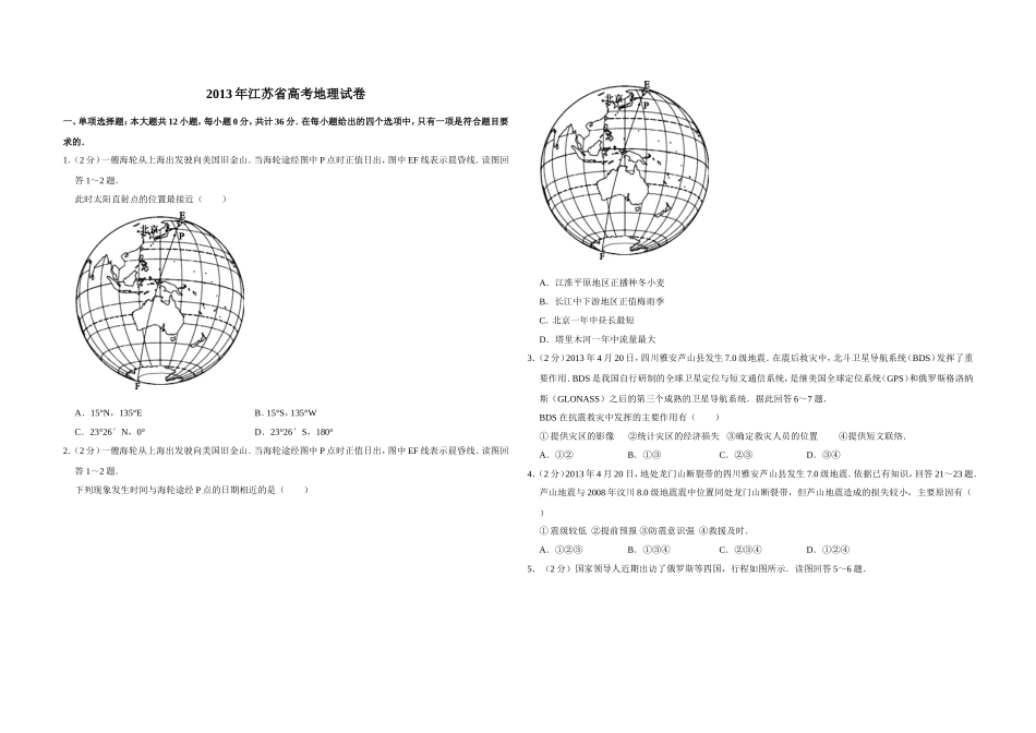 2013年江苏省高考地理试卷 .doc_第1页