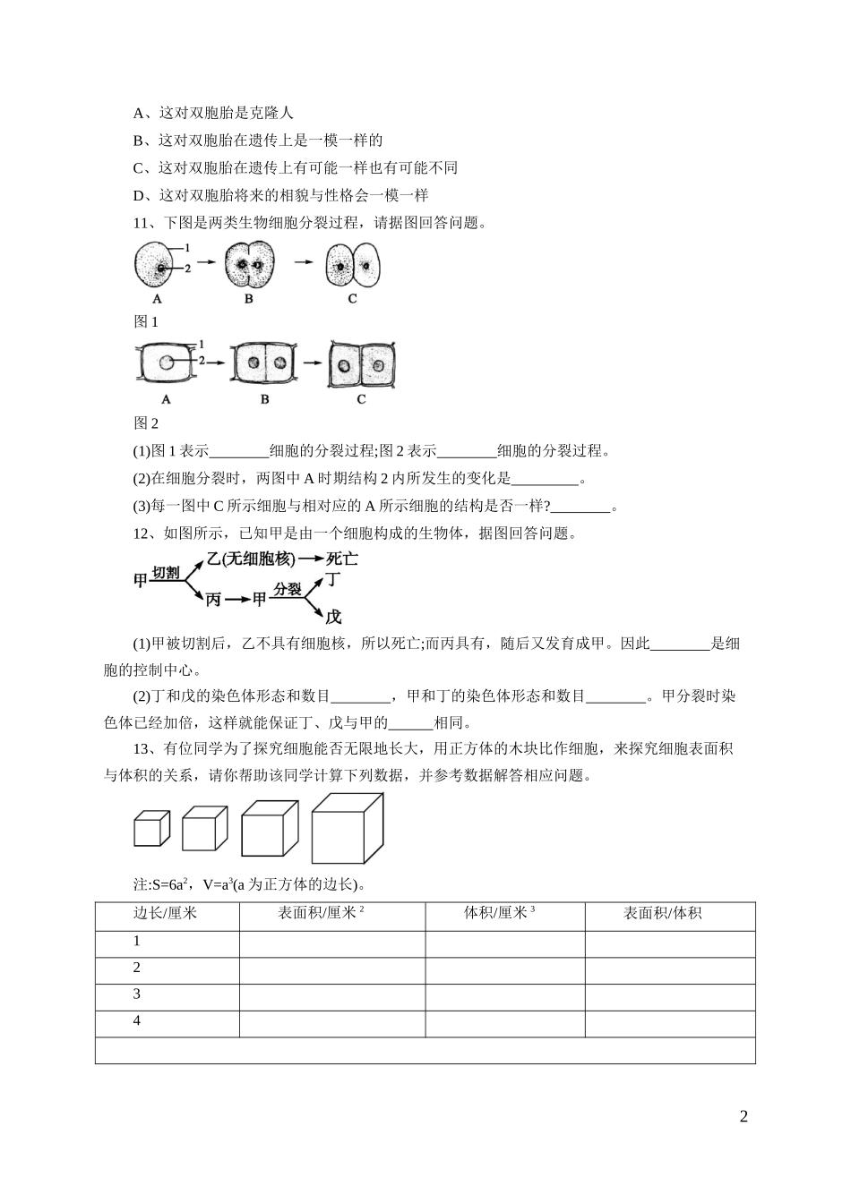 《细胞通过分裂产生新细胞》习题4 含答案.doc_第2页