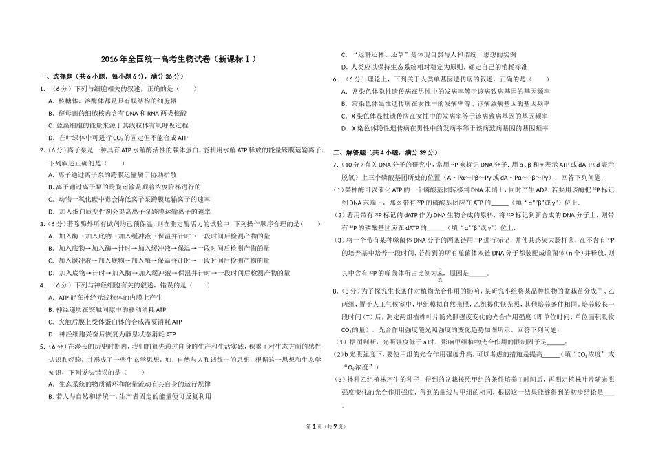 2016年高考真题 生物(山东卷)（含解析版）.doc_第1页