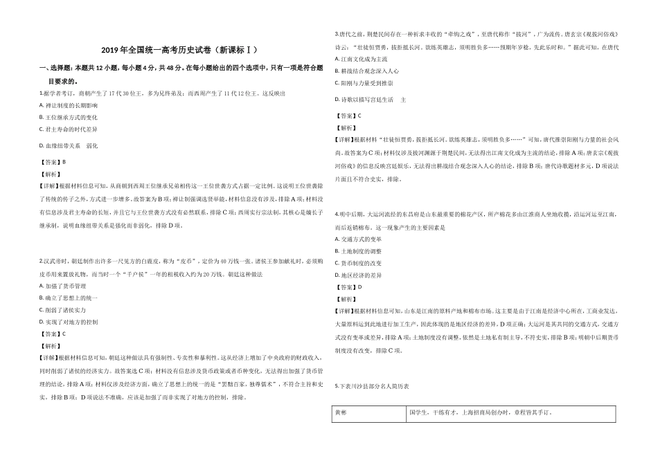 2019年高考真题 历史(山东卷)（含解析版）.doc_第1页