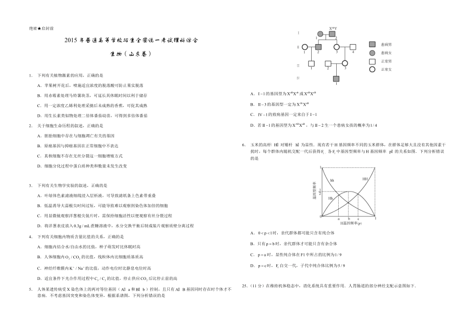 2015年高考真题 生物(山东卷)（原卷版）.pdf_第1页