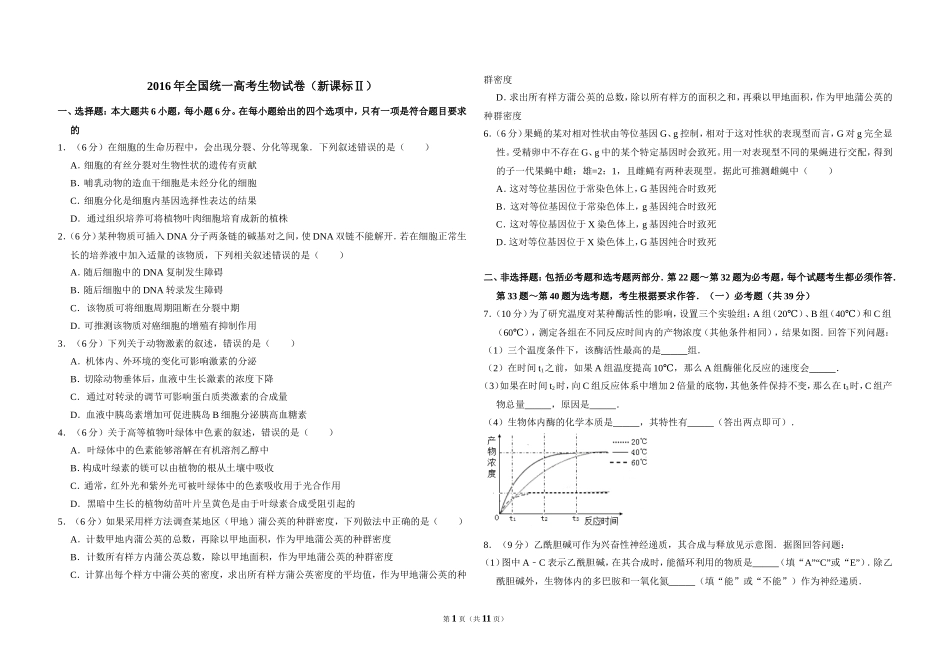 2016年全国统一高考生物试卷（新课标ⅱ）（含解析版）(1).doc_第1页