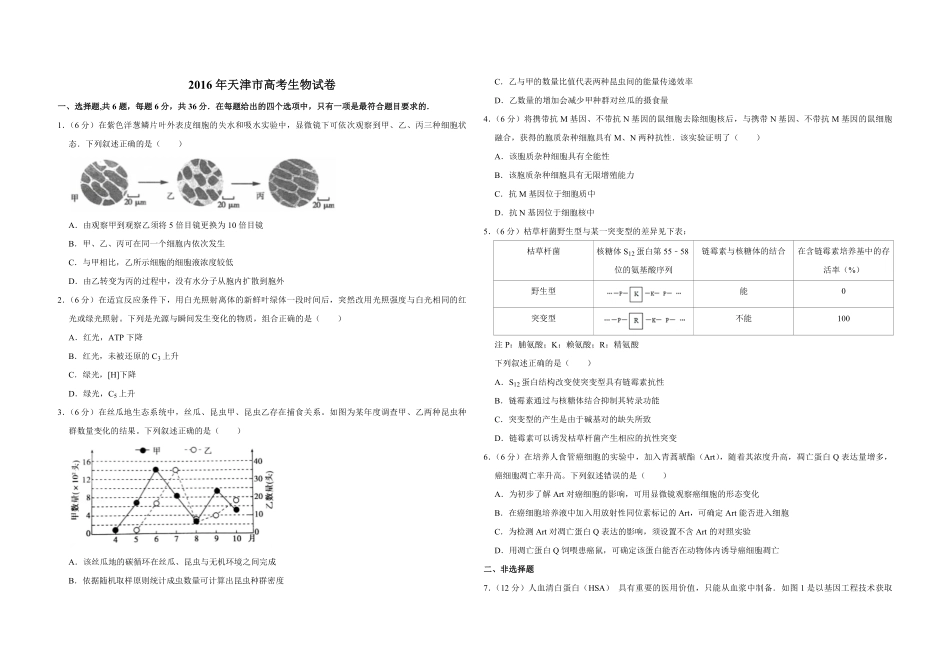 2016年天津市高考生物试卷 (1).pdf_第1页