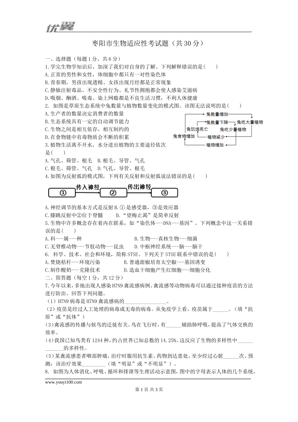 2017湖北枣阳生物适应性考试.doc_第1页