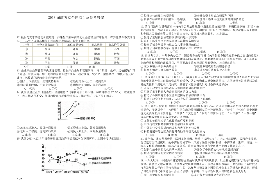 2018年高考真题 政治(山东卷)（含解析版）.docx_第1页