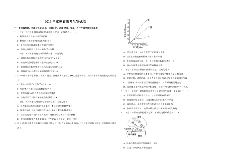 2019年江苏省高考生物试卷 .doc_第1页
