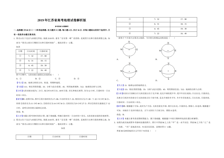 2019年江苏省高考地理试卷解析版 .doc_第1页